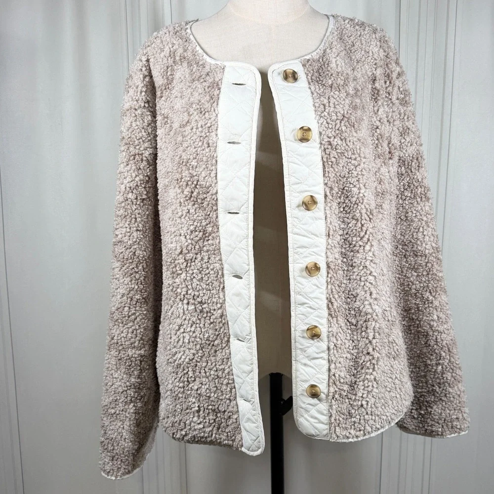 Lucky Brand Faux Shearling Jacket Neutral Multi Taupe Quilted Trim Button L